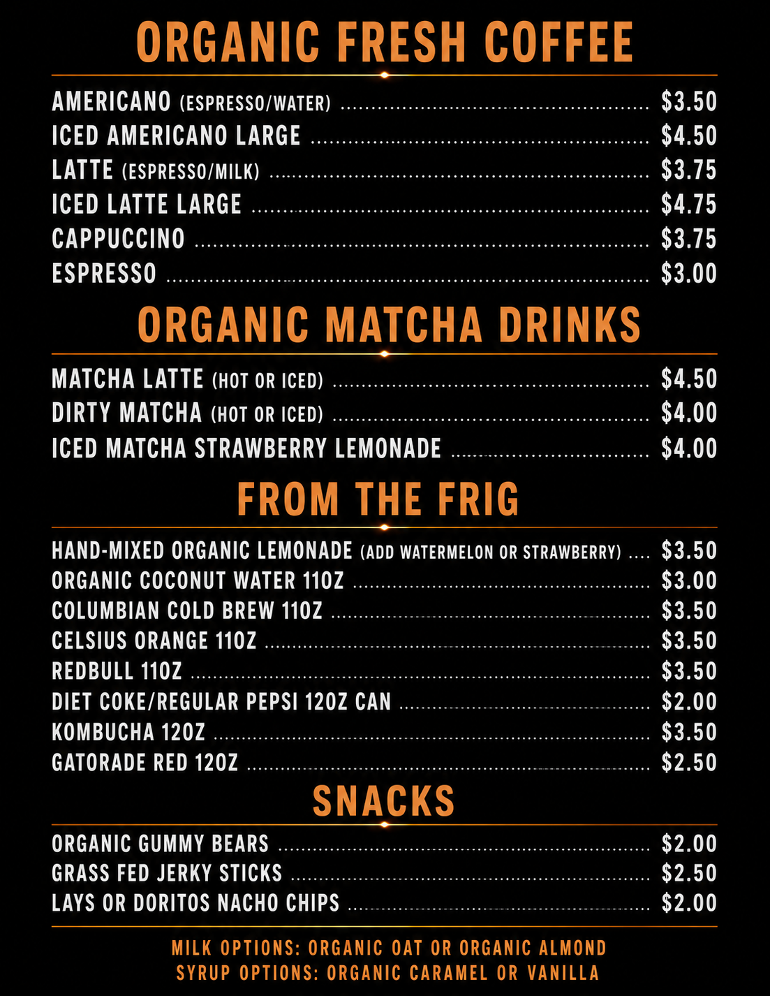 Organic drinks menu